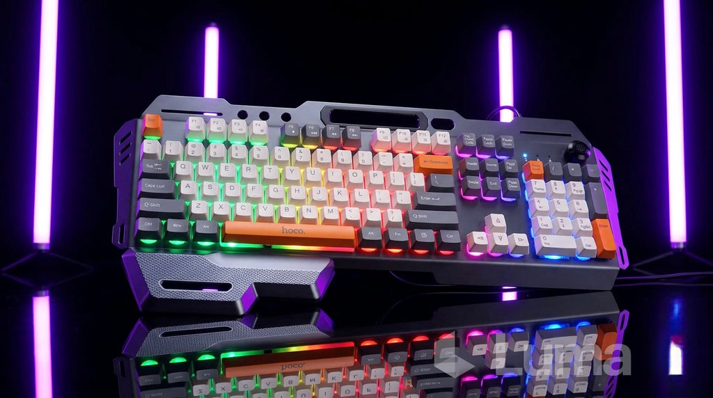 HOCO DI98 Luminous Wired Gaming Keyboard with Metal Cover, Suspension Keycaps & Rainbow Backlight