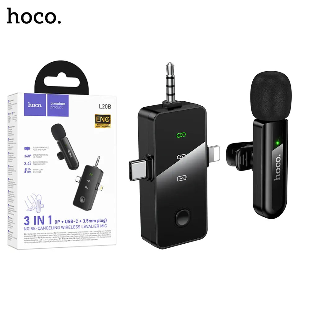HOCO L20B 3-in-1 Noise-Canceling Wireless Lavalier Microphone (Lightning + USB-C + 3.5mm)