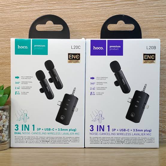 HOCO L20B 3-in-1 Noise-Canceling Wireless Lavalier Microphone (Lightning + USB-C + 3.5mm)